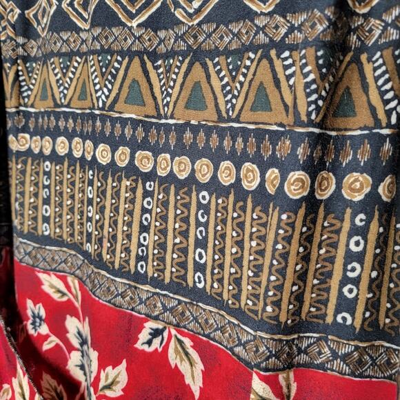Vintage Boho Y2K Maxi Wrap Dress Floral Tribal Print SZ 16 Shoulder Pads Hippie - Picture 4 of 10
